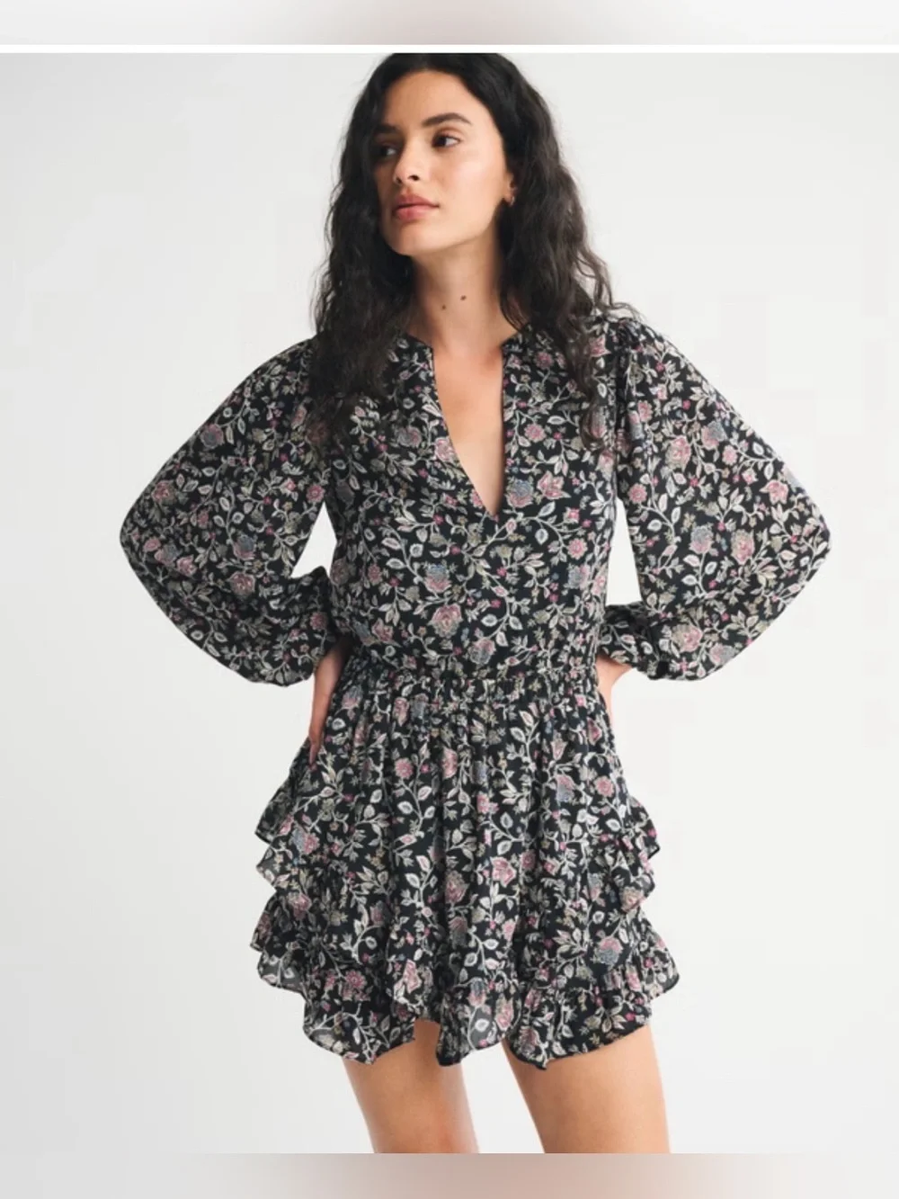 NWT Abercrombie & Fitch Long-Sleeve L whimsigoth Ruffle Mini Dress Black Floral - Picture 1 of 13